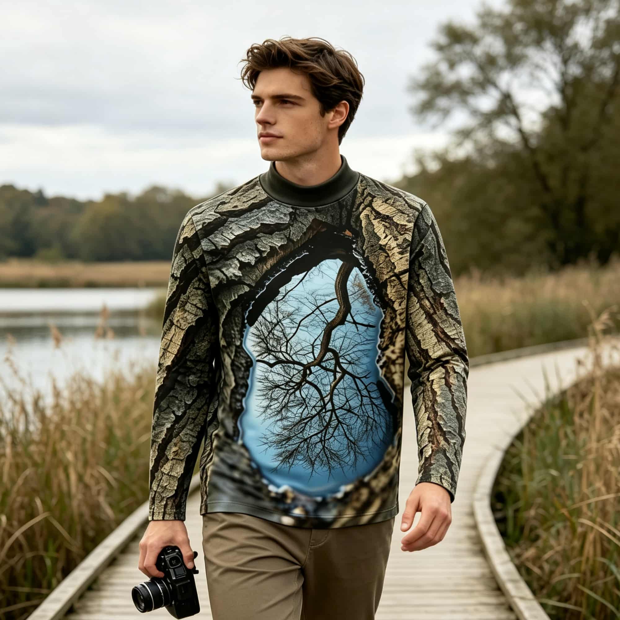 Men'S Fashion Usa - Forest‑Inspired Mock Neck Long Sleeve Tee,