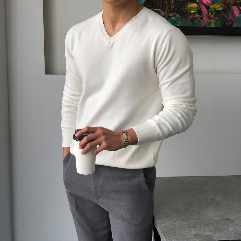 Men's Solid V-Neck Knitted Swe - Mens Fashion Jumpers 评论和价格