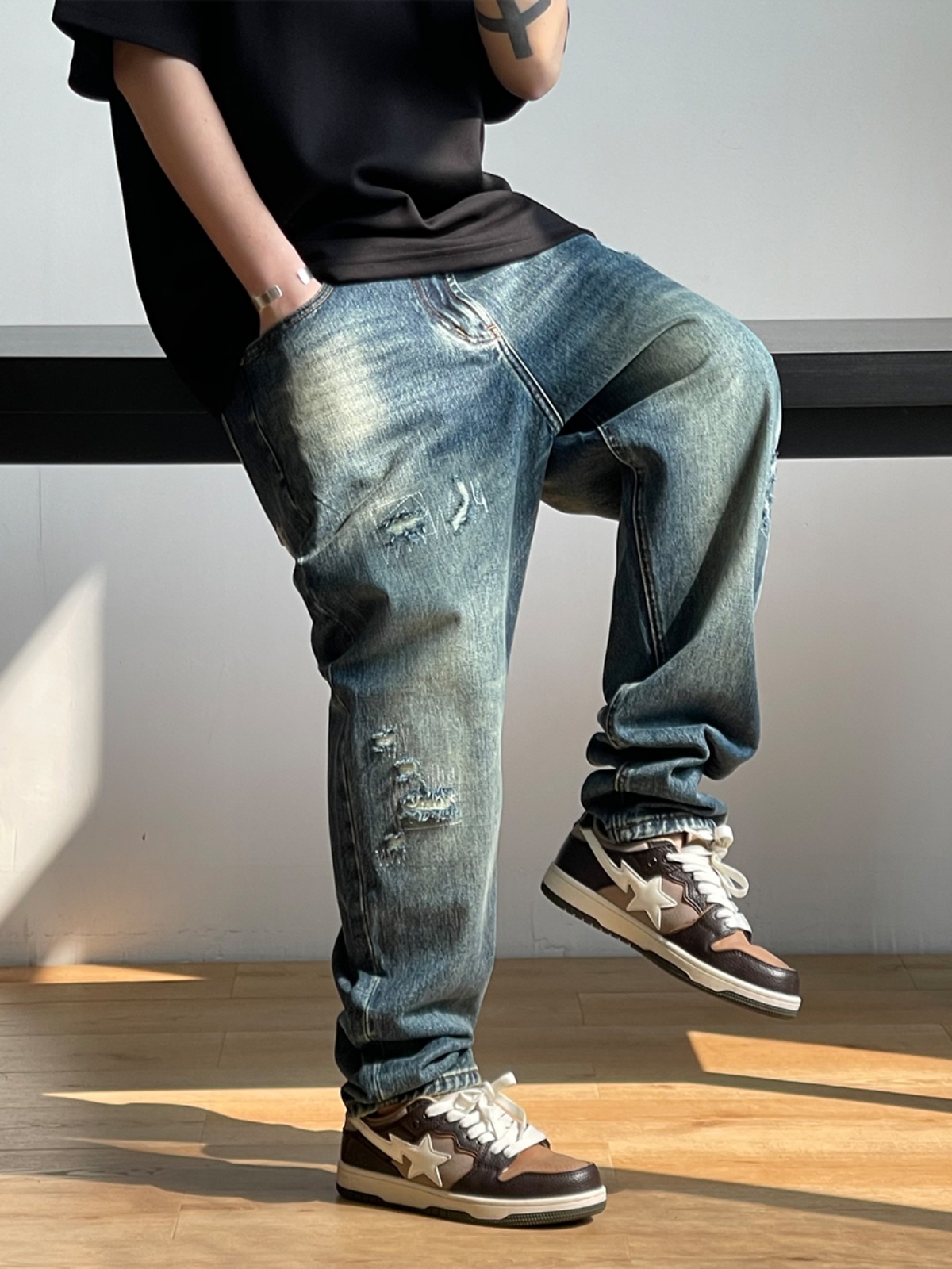 Korean Fashion Ripped Baggy Je - Men'S Fashion With Baggy Jeans 评论和价格