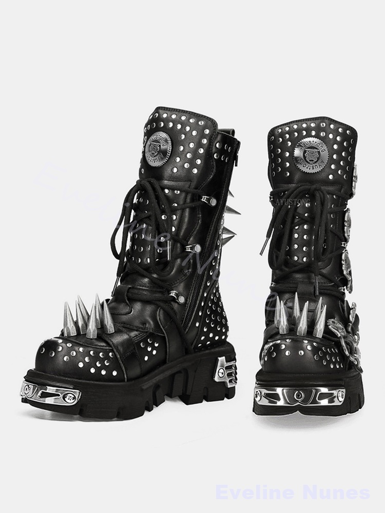 Gothic Halloween Cosplay Mid‑C - Mens Fashion Combat Boots 评论和价格