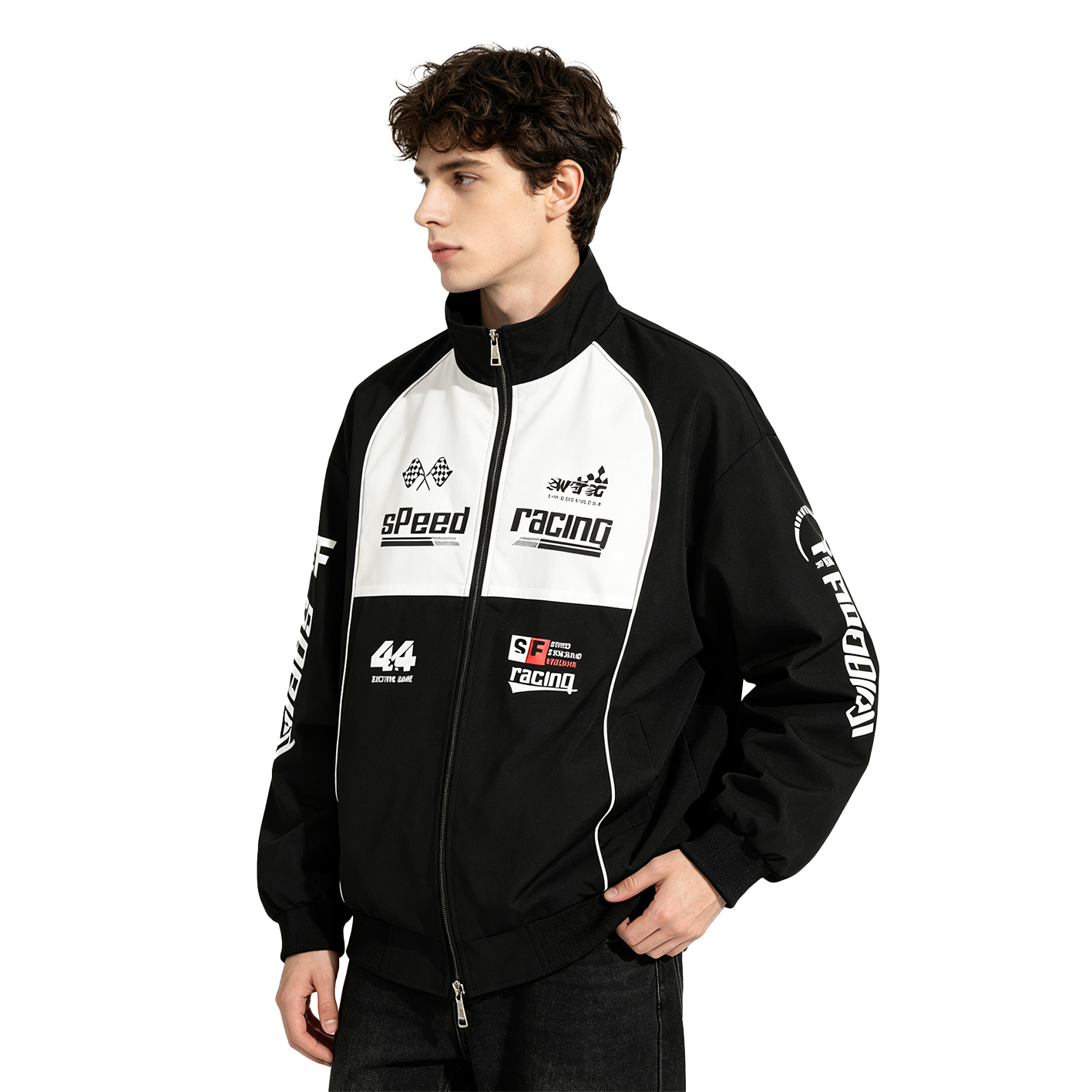 Men Racing Jacket Black White  - Windbreaker Men Zip 评论和价格